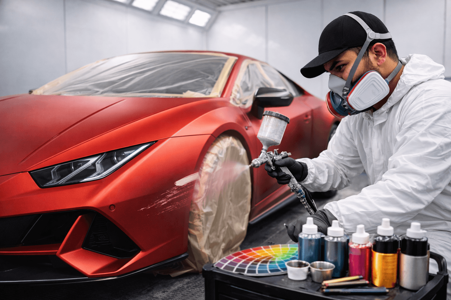A car undergoing body work and painting.